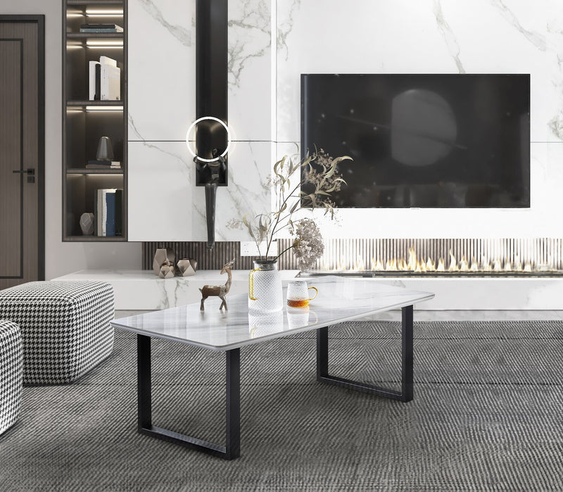 Table à café moderne Serena de 47,25 po - blanche et noire avec imitation de marbre