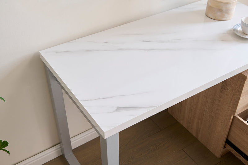 Bureau réversible Oscar de 47 po avec rangement - imitation de marbre blanc et blanc vieilli