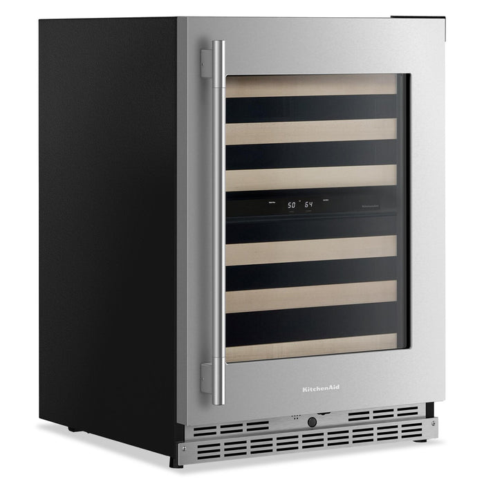 Cellier à vin KitchenAid de 24 po sous le comptoir avec grilles à extension complète à devant en bois - acier inoxydable -KUWR524SPS