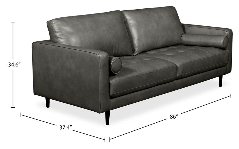 Sofa Edge de 86 po en cuir véritable avec pattes en bois et coussins de dossier amovibles - gris