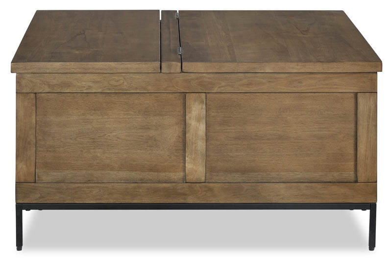 Table à café rustique York de 36 po en bois massif avec dessus relevable et rangement - brune