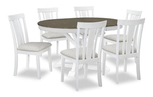 Ensemble de salle à manger Brook 7 pièces avec table ronde, rallonge de 42 po à 54 po (L) et 6 chaises - blanc et brun