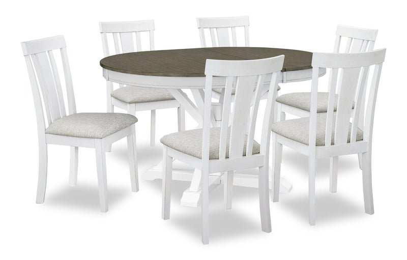Ensemble de salle à manger Brook 7 pièces avec table ronde, rallonge de 42 po à 54 po (L) et 6 chaises - blanc et brun