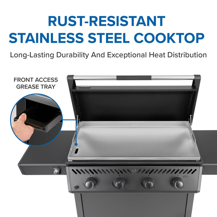 Plancha Napoleon de 33 600 BTU et de 36 po à 4 brûleurs avec surface de cuisson en acier inoxydable résistant à la rouille - F36FTPMK