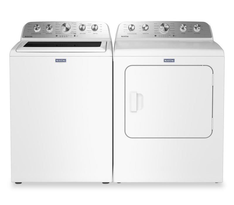 Laveuse à chargement par le haut 5,5 pi³ avec turbine et option Animal Pet Pro et sécheuse à gaz 7,0 pi³ de Maytag - blanches