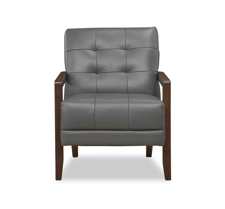 Fauteuil d’appoint Enzo de 26 po en cuir véritable avec capitonnage en biscuit, accoudoirs rectilignes et pattes en bois - gris foncé