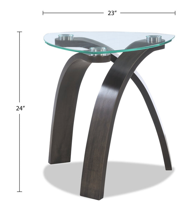 Table de bout moderne Jorja de 23,25 po avec dessus en verre - brune avec pattes en bois cintré