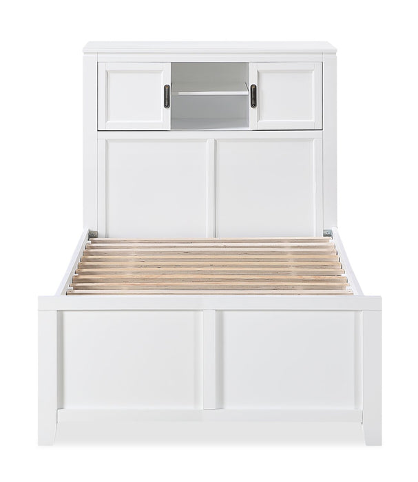 Lit plateforme Quinn avec tête de lit bibliothèque, bureau intégré et tabouret, blanc - format lit simple