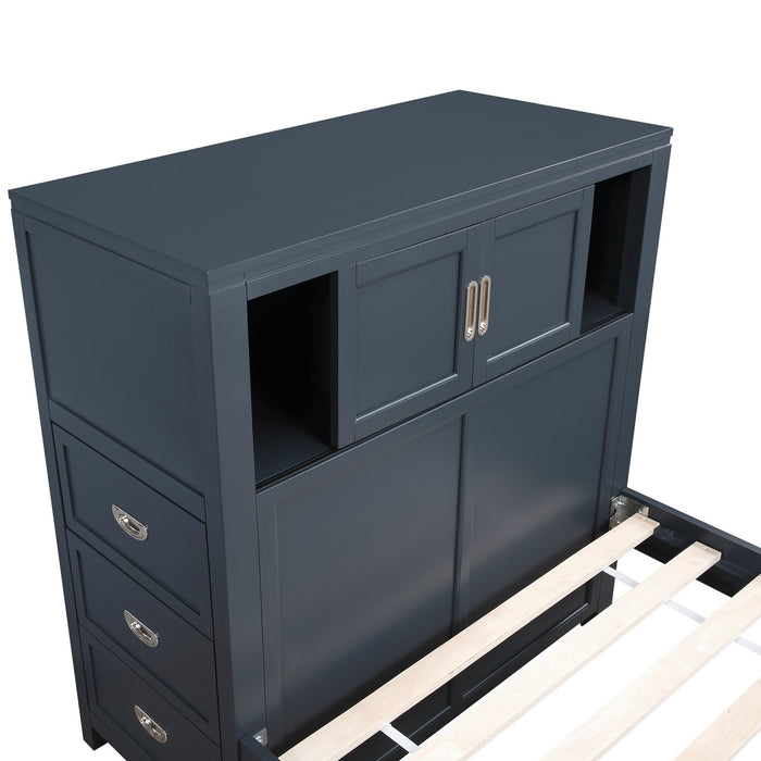 Lit plateforme Quinn avec tête de lit bibliothèque, bureau intégré et tabouret, bleu - format lit simple