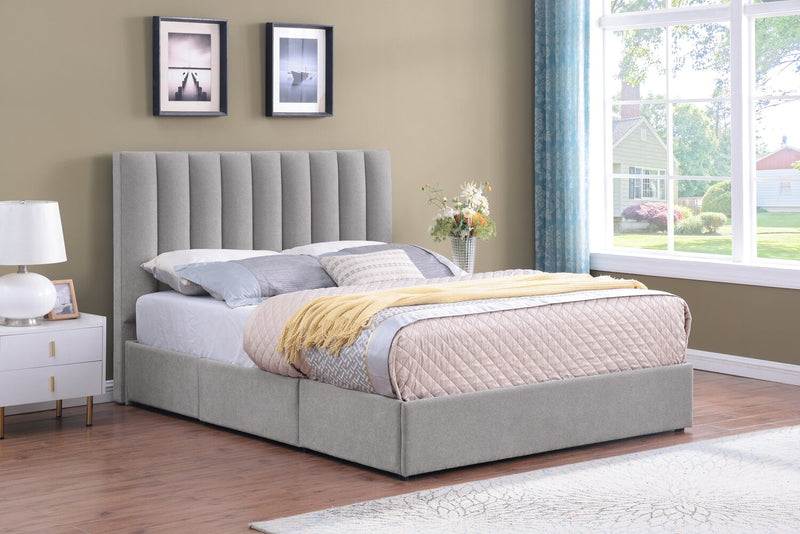 Base de lit de rangement Amos rembourrée en tissu gris avec 3 tiroirs intégrés - format très grand lit