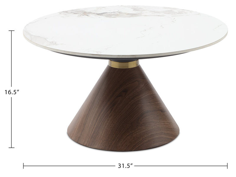 Table à café ronde moderne Alwin de 31,5 po avec dessus en pierre frittée blanche - brune