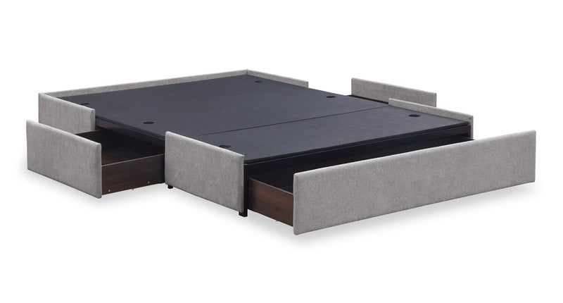 Lit de rangement Amos rembourré en tissu gris avec tête de lit à canaux et 3 tiroirs intégrés - format très grand lit
