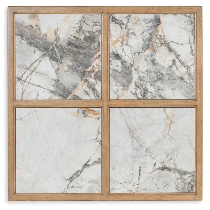 Table à café contemporaine Marina de 48 po avec carreaux en pierre, tablette et roulettes - naturelle