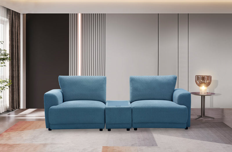 Sofa sectionnel modulaire Voyage 3 pièces en tissu avec console et coussins de dossier amovibles - bleu
