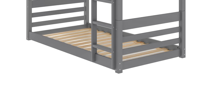 Lits simples superposés Gemma en forme de maison avec toit, échelle intégrée et garde-corps pour enfants - gris