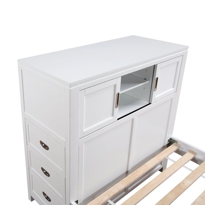 Lit plateforme Quinn avec tête de lit bibliothèque, bureau intégré et tabouret, blanc - format lit simple