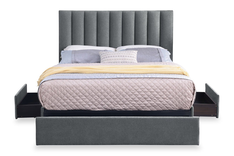 Lit de rangement Amos rembourré en tissu anthracite avec tête de lit à canaux et 3 tiroirs intégrés - format très grand lit