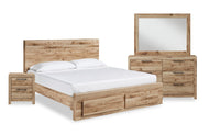Ensemble de chambre à coucher Derekson 6 pièces naturel avec lit de rangement, commode, miroir et table de nuit - format grand lit