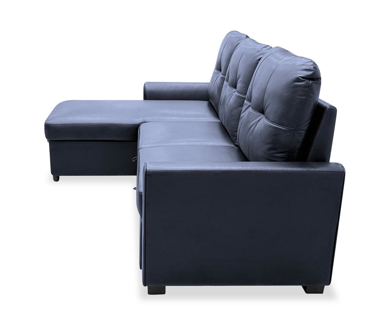 Sofa-lit sectionnel de gauche Carter 2 pièces en tissu d’apparence cuir avec fauteuil long de rangement - noir
