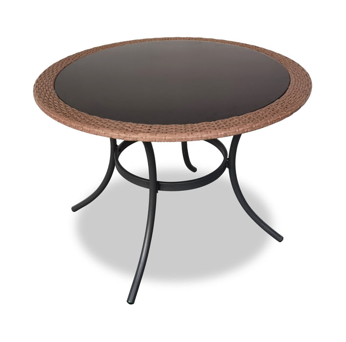 Ensemble Ibiza de Kort & Co. 5 pièces pour la terrasse à l’extérieur avec table ronde et 4 chaises - osier en résine tressé à la main, dessus de table en verre noir, résistant aux rayons UV et aux intempéries - gris foncé, naturel et vert