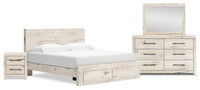 Ensemble de chambre à coucher Derekson 6 pièces blanc rustique avec lit de rangement, commode, miroir et table de nuit - format très grand lit