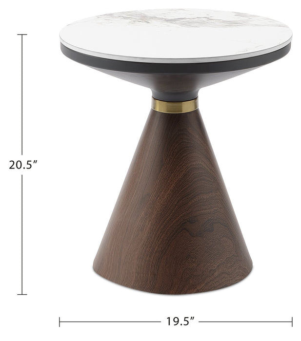 Table de bout ronde moderne Alwin de 19,5 po avec dessus en pierre frittée blanche - brune