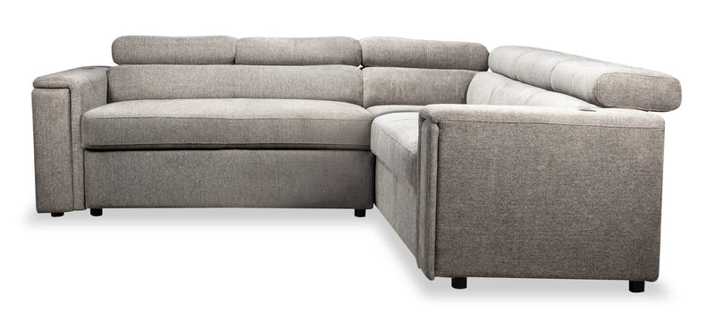 Sofa sectionnel Savvy 3 pièces en tissu d’apparence lin avec appuie-têtes réglables, porte-gobelets et port USB - gris