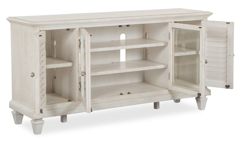 Meuble pour téléviseur rustique Baron de 62 po en pin avec rangement et système de gestion des câbles pour téléviseurs jusqu’à 70 po - albâtre