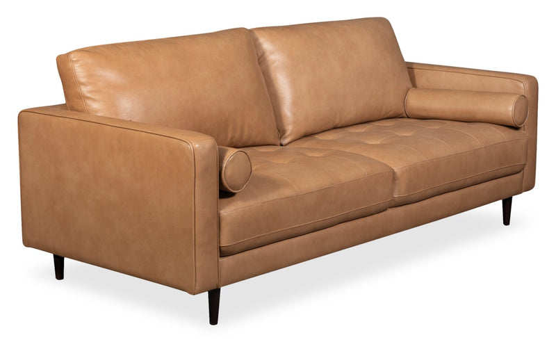 Sofa Edge de 86 po en cuir véritable avec pattes en bois et coussins de dossier amovibles - brun