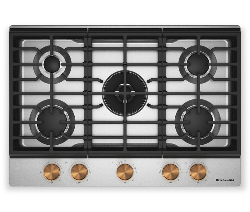 Surface de cuisson KitchenAid de 30 po au gaz sur métal avec grilles pour wok intégrées – acier inoxydable - KCGK530SSS