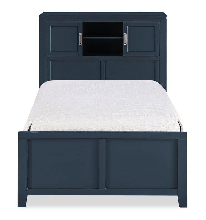 Lit plateforme Quinn avec tête de lit bibliothèque, bureau intégré et tabouret, bleu - format lit simple