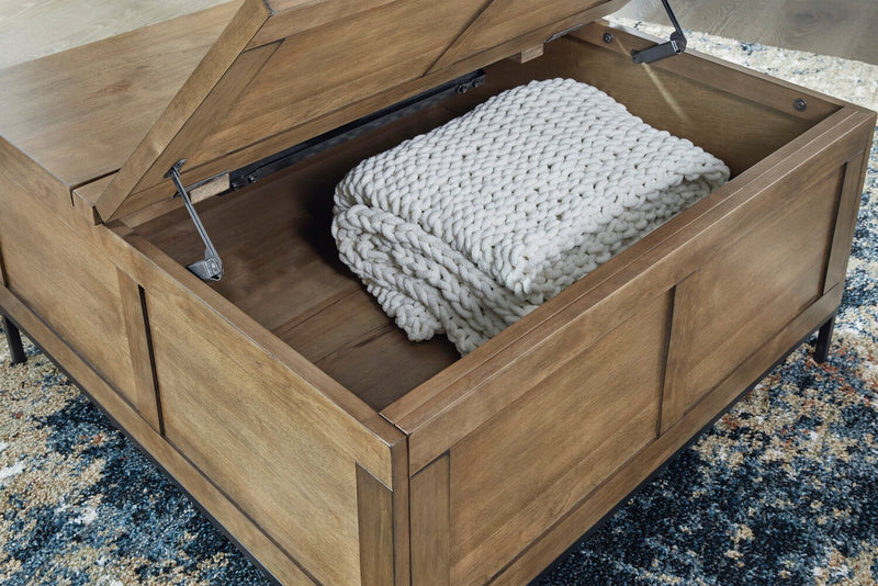 Table à café rustique York de 36 po en bois massif avec dessus relevable et rangement - brune