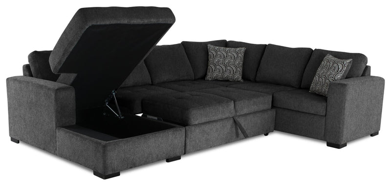 Sofa-lit sectionnel de gauche Legend 4 pièces fabriqué au Canada en tissu de chenille avec fauteuil long de rangement - gris poivre