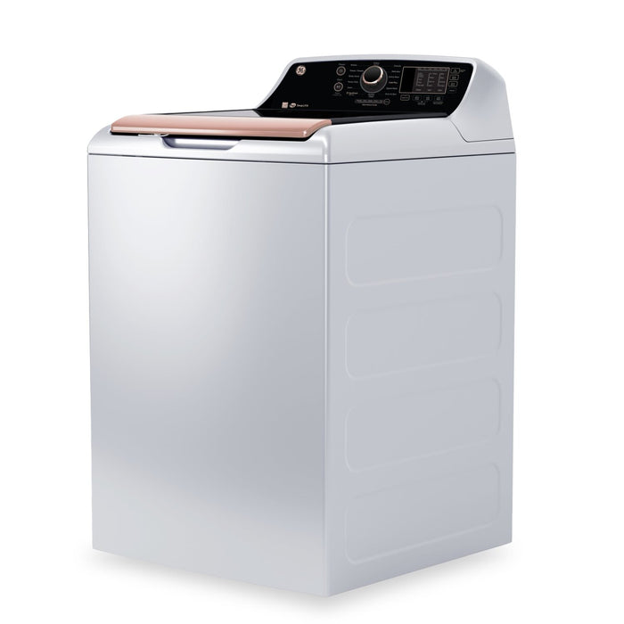 Laveuse à chargement par le haut de 5,3 pi3 et sécheuse électrique de 7,4 pi3 de GE - blanches et or rose 