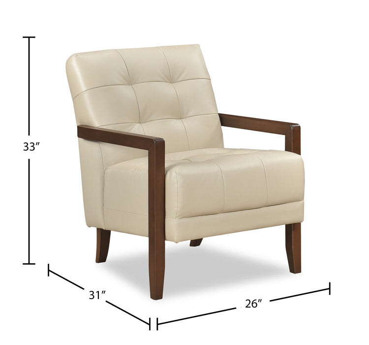 Fauteuil d’appoint Enzo de 26 po en cuir véritable avec capitonnage en biscuit, accoudoirs rectilignes et pattes en bois - beige