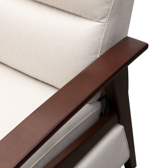 Fauteuil d’appoint à inclinaison par poussée Bree de 28,5 po en tissu d’apparence lin avec accoudoirs et pattes en bois - beige