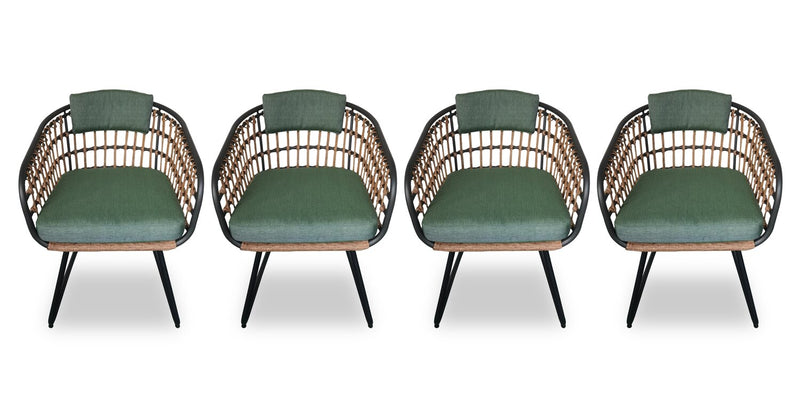 Ensemble de 4 chaises Ibiza de Kort & Co. pour la terrasse à l’extérieur - osier en résine tressé à la main, résistant aux rayons UV et aux intempéries - gris foncé, naturel et vert