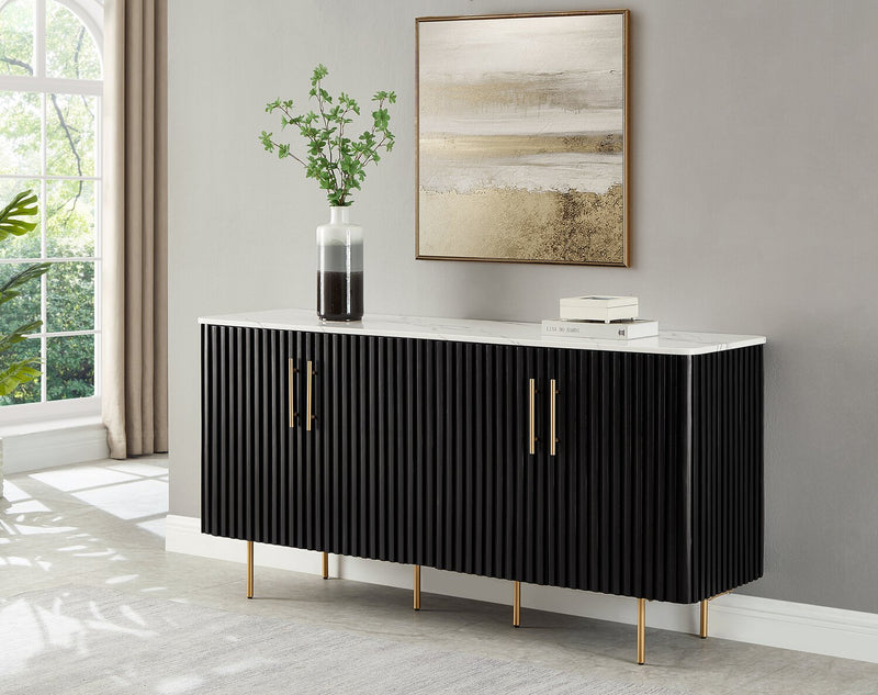 Desserte de salle à manger Capri de Kort & Co. de 66 po (L) avec rangement, dessus en imitation de marbre et touches dorées - noire et blanche