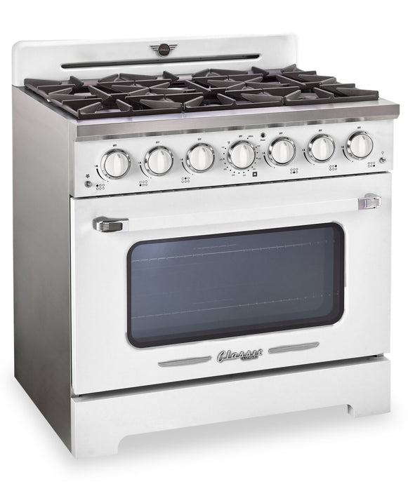 Cuisinière à gaz Classic Rétro par Unique de 36 po et de 5,2 pi3 à 6 brûleurs avec convection - blanc guimauve - UGP-36CR W