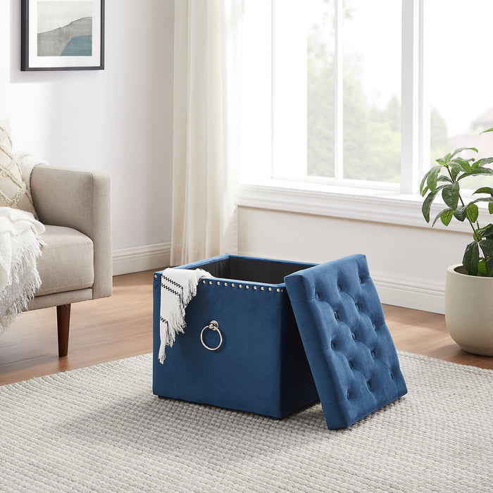 Pouf de rangement carré Yukon de 17 po en velours - bleu marine
