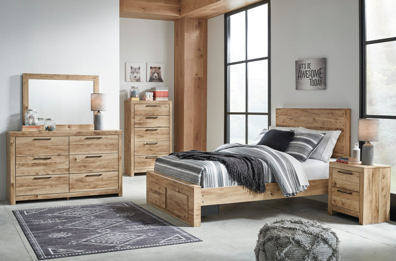 Ensemble de chambre à coucher Derekson 5 pièces naturel avec lit de rangement, commode et miroir - format grand lit