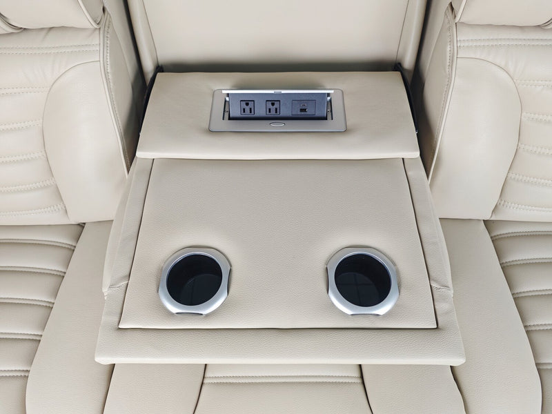 Sofa sectionnel à inclinaison électrique Zen 3 pièces en tissu d’apparence cuir avec massage, console rabattable et compartiment réfrigéré - abricot