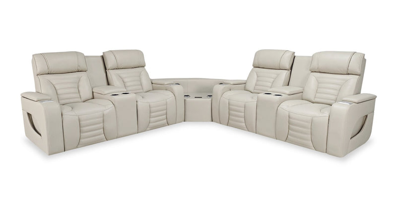 Sofa sectionnel à inclinaison électrique Zen 3 pièces en tissu d’apparence cuir avec massage et 2 consoles avec réfrigérateur - abricot