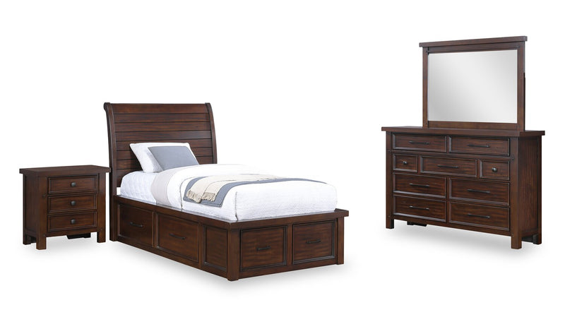 Ensemble de chambre à coucher Sonoma 6 pièces avec lit de rangement, commode, miroir et table de nuit, brun manguier - format lit simple