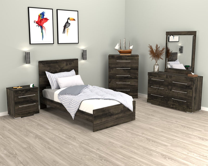 Ensemble de chambre à coucher Riley 5 pièces avec lit à panneaux, commode et miroir, fabriqué au Canada, gris - format lit simple