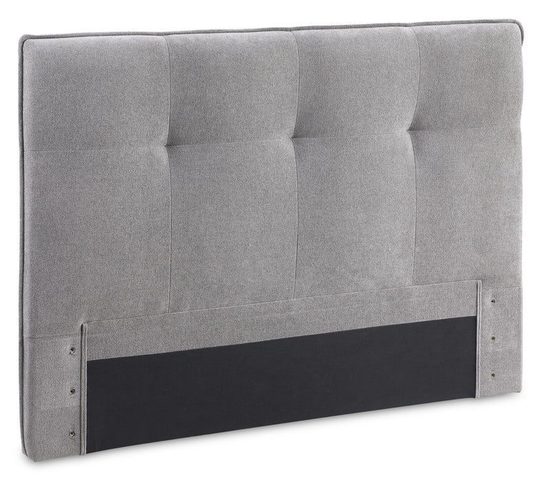 Lit plateforme Amos rembourré en tissu gris avec tête de lit capitonnée - format très grand lit