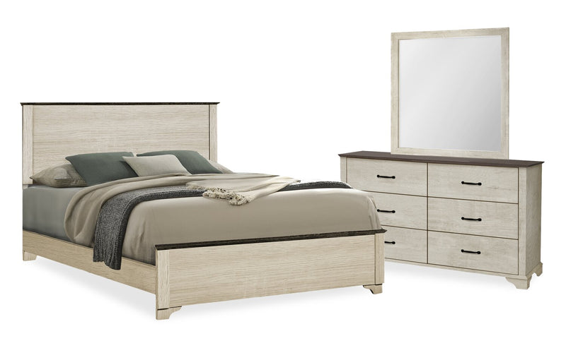 Ensemble de chambre à coucher Clara 5 pièces avec lit, commode et miroir, chêne blanchi et brun - format grand lit