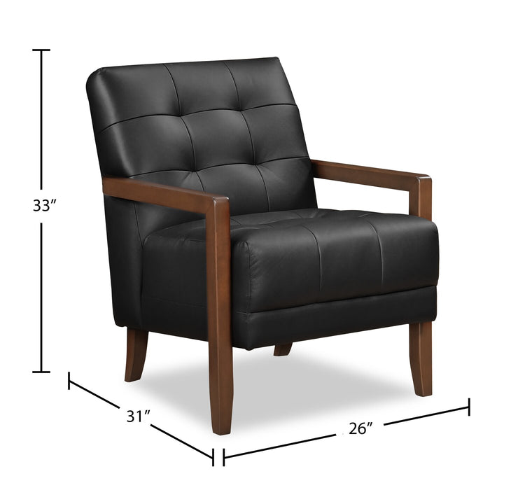 Fauteuil d’appoint Enzo de 26 po en cuir véritable avec capitonnage en biscuit, accoudoirs rectilignes et pattes en bois - noir