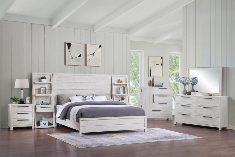 Ensemble de chambre à coucher Haven 6 pièces blanc avec lit à panneaux, commode, miroir et table de nuit - format très grand lit