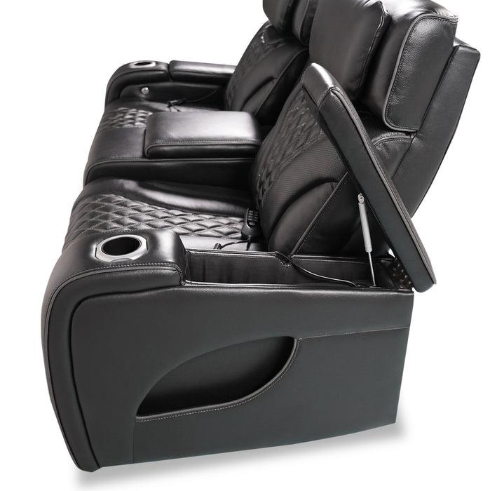 Causeuse de massage à inclinaison électrique Elite de 74 po en cuir véritable avec appuie-têtes électriques et accoudoirs de rangement - noire